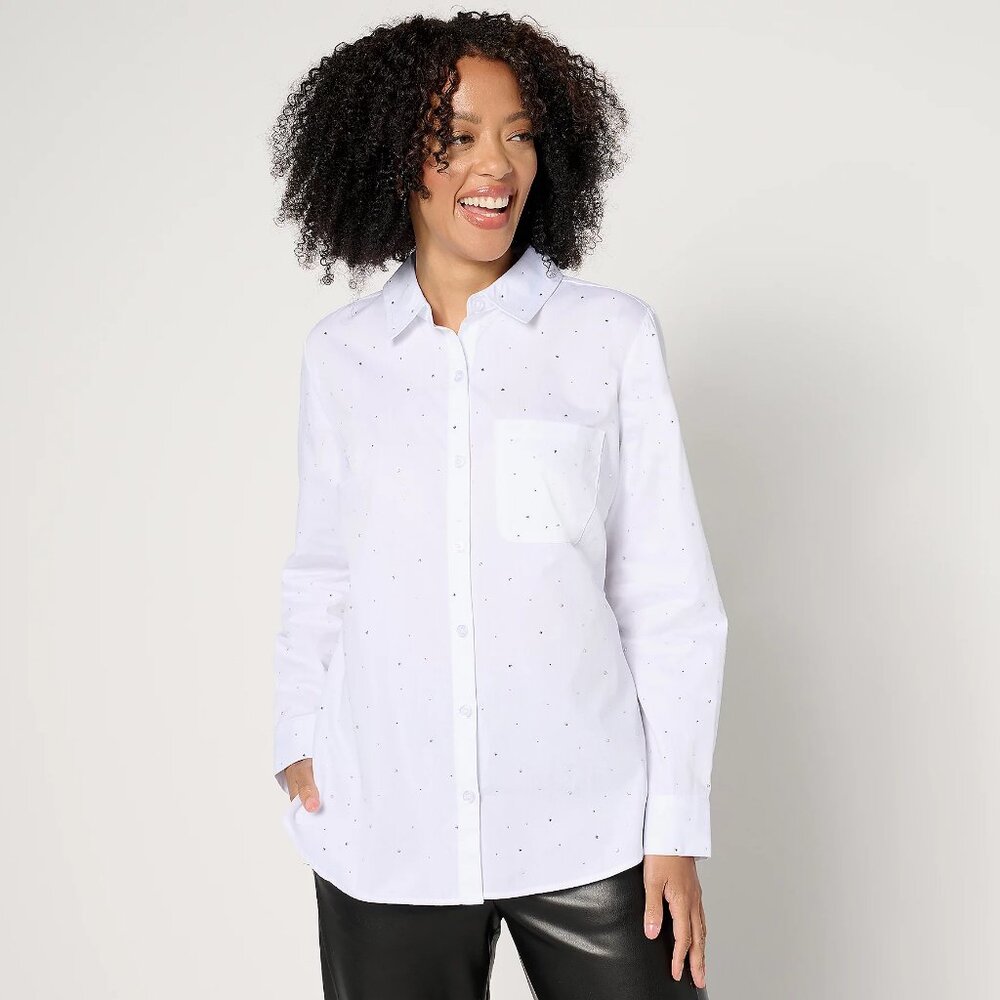 Joan Rivers Red Carpet Button Front Shirt with Rhinestones - White Sz 2X a669588